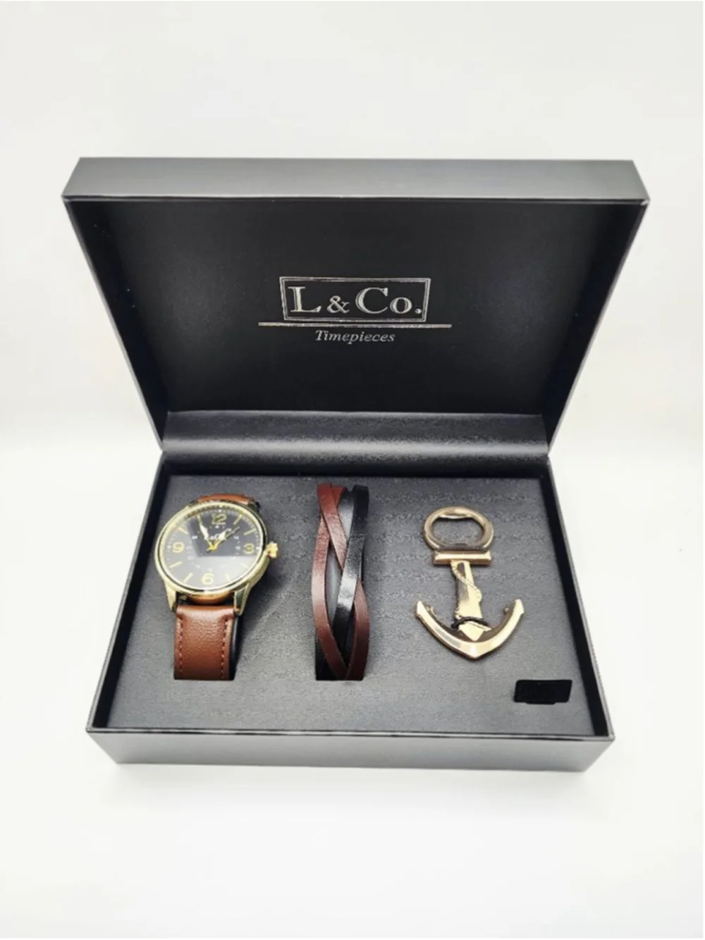 Men's L&Co. Watch Gift Set with Brown Watch, Black/Brown Bracelet